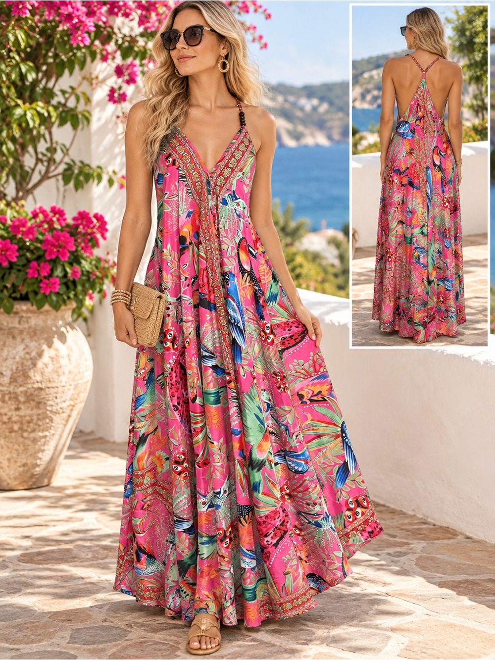 DRESS NADO Pink Tropical Bird Print Beaded Halter Maxi Dress L Resort
